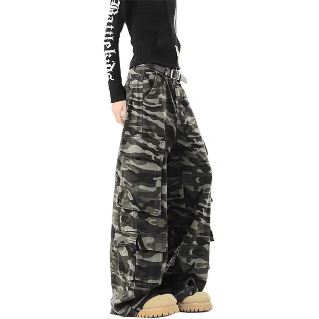 加荣 美式高街迷彩工装裤男秋季多口袋休闲裤男装宽松阔腿裤男嘻哈街舞弯刀裤男款时尚高端垂坠感直筒裤男士耐磨耐脏长裤 男女同款