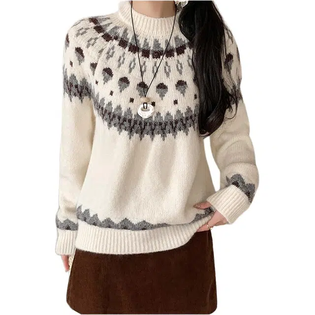 沐晓欣 秋冬毛衫女拼色圆领套头女高级感提花衣上衣针织衫 女款