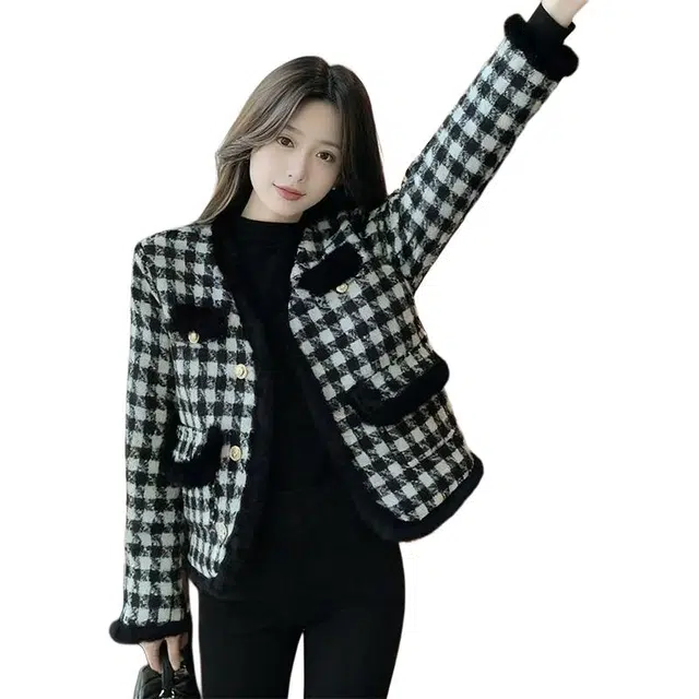 丝絮丝绸 冬季撞色格子加绒加厚保暖小香风上衣截短外套 女款