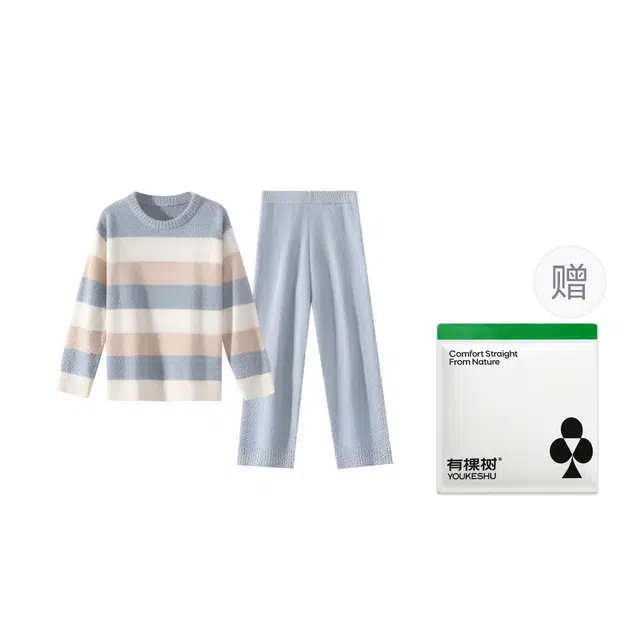 有棵树 秋冬季保暖加厚半边绒女士家居服莫兰迪条纹清新色系简约舒适可外穿睡衣套装 女款