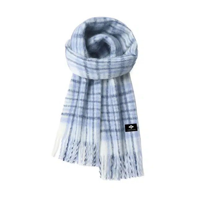 俞兆林 超显白蓝白格纹流苏保暖百搭加厚长款 礼盒装 聚酯纤维 绒线围巾 男女同款情侣款