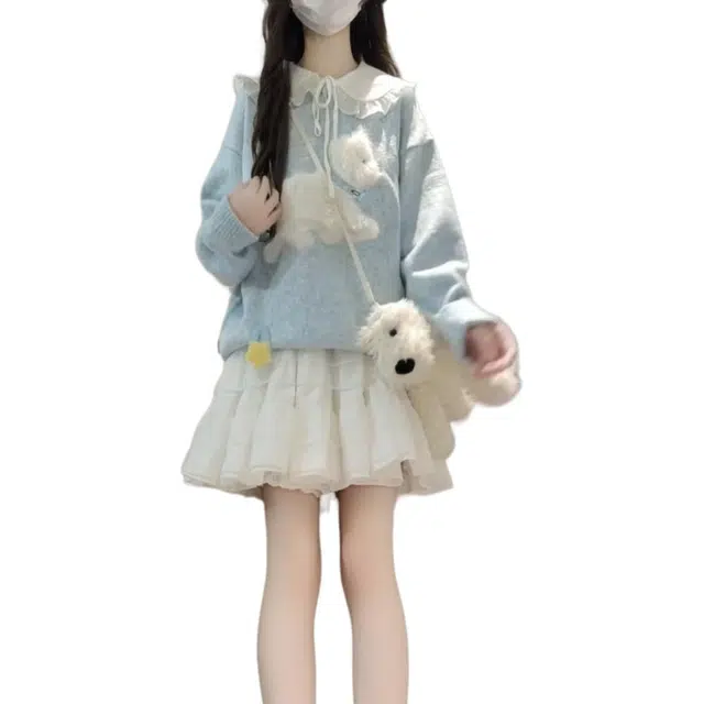 缪斯的诱惑 韩系设计感毛绒绒小狗长袖女巨好看的宽松套头上衣潮针织衫 女款