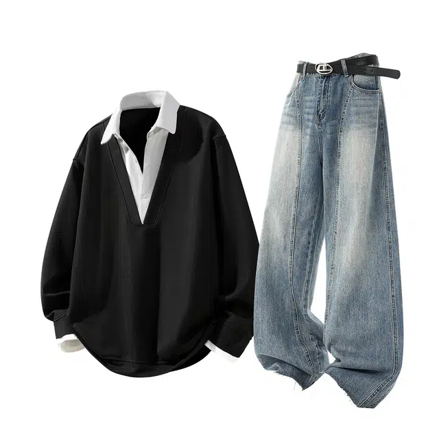 梓润格 美式秋冬简约氛围感酷飒百搭户外时尚潮流休闲长袖毛边设计青春学院风高街复古高级感水洗牛仔长裤弯刀裤卫衣套装 男女同款