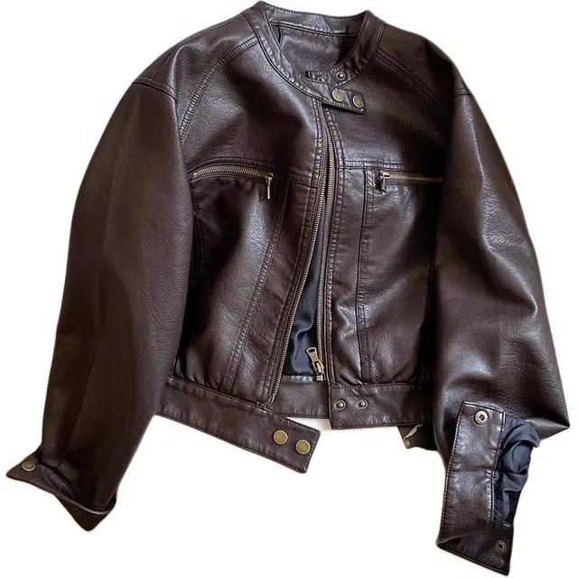 小卷要加油 美拉德风棕色皮衣外套女秋季小个子立领短款夹克 女款