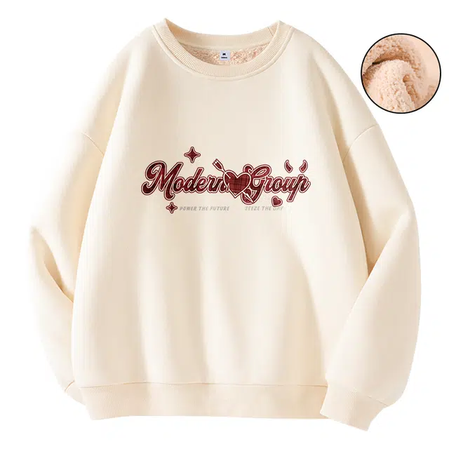 棉致 百搭个性字母涂鸦创意时尚简约羊羔绒加绒加厚柔软细腻保暖舒适休闲日常圆领长袖卫衣 男女同款