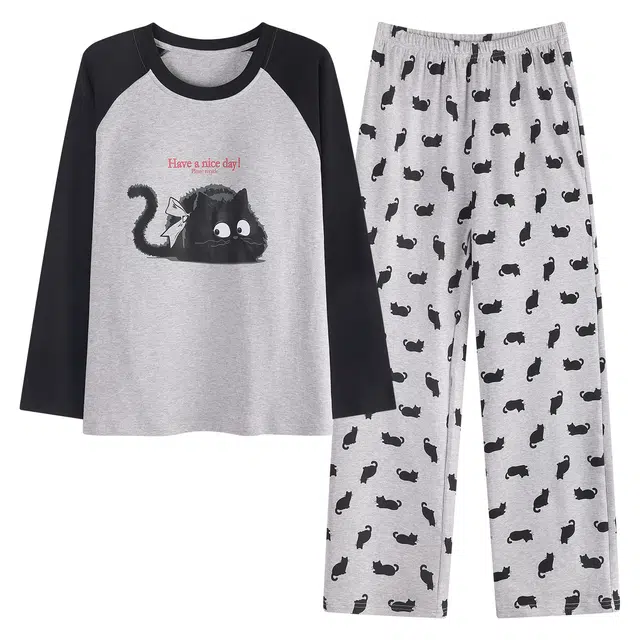 桔内 秋季纯棉自带胸垫可爱卡通猫咪可外穿家居服睡衣套装 女款