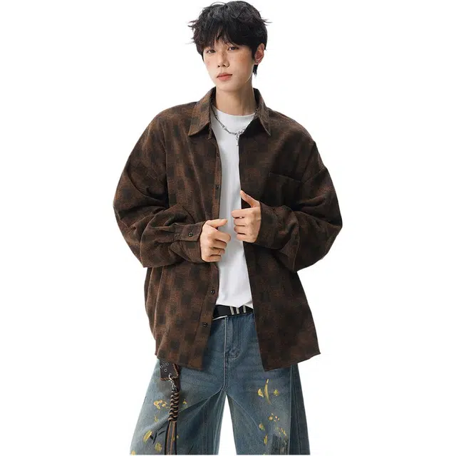 拓菲 美式棋盘格慵懒男春季老钱风高级感长袖衬衣小众潮牌复古上衣衬衫 男女同款