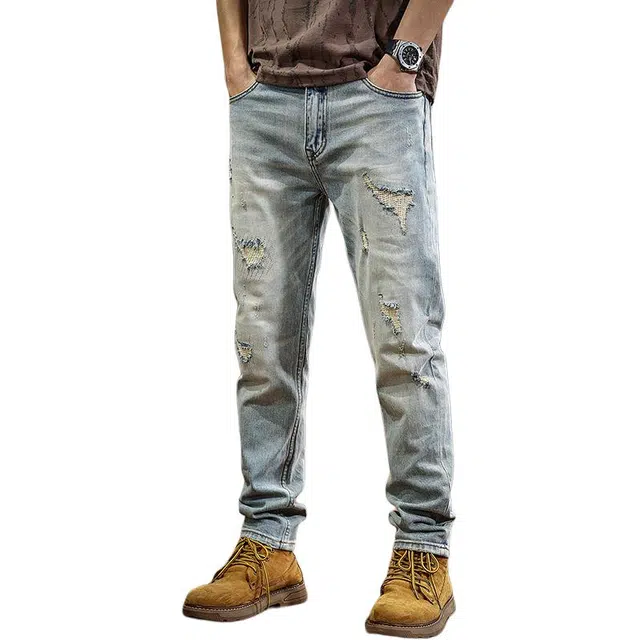 遨宇 美式复古经典潮流休闲极简风破洞百搭小脚乞丐牛仔裤 男款