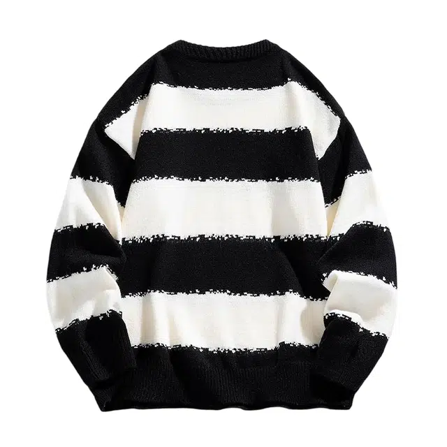 棉基因 美式潮牌黑白条纹撞色慵懒舒适亲肤圆领套头打底针宽松休闲日常通勤长袖毛衣 男女同款