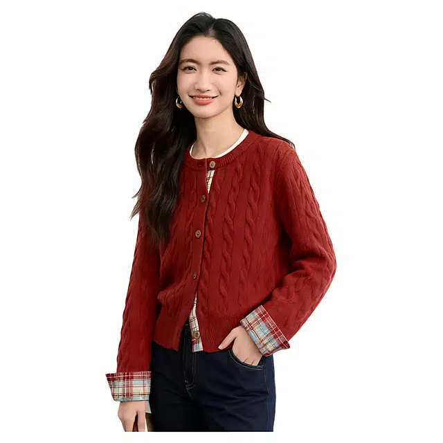 佐塞斯 高端品质轻奢北极绒复古红色麻花短外套秋冬格纹拼接长袖开衫针织衫 女款