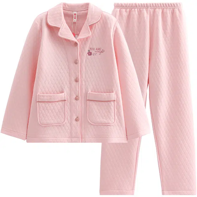 芬腾 女士秋冬季空气棉夹层纯棉长袖时尚休闲加大码家居服睡衣套装 女款