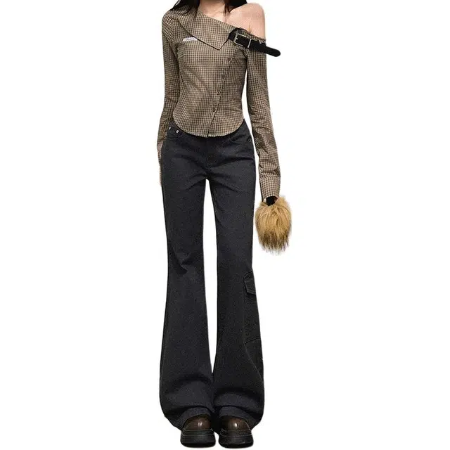 如续 美式辣妹风纯色简约设计感微喇长裤潮流时尚修身显瘦低腰牛仔裤 女款