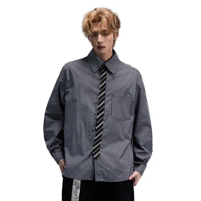 隐狼世家 假领带格子长袖男生秋季高智通勤衬衣美式复古潮牌上衣衬衫 男款