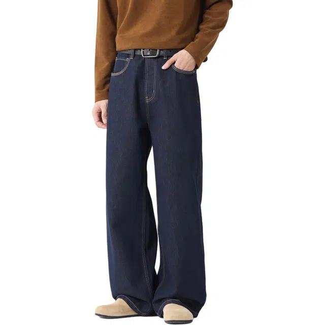 帝狼牛 简约廓形固色宽松阔腿长裤丹宁赤耳复古纯色通勤舒适百搭牛仔裤 男女同款