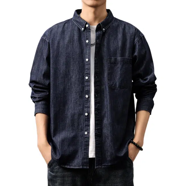 贵色 秋季 美式复古阿美咔叽风潮流百搭丹宁牛仔长袖男士潮牌高街痞帅拼接口袋设计休闲简约日常穿搭衬衣外套衬衫 宽松型 男女同款