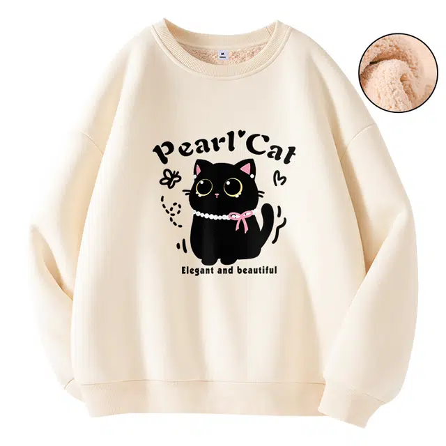 棉致 珍珠小猫涂鸦百搭创意时尚简约羊羔绒加绒加厚柔软细腻保暖舒适休闲日常圆领长袖卫衣 男女同款