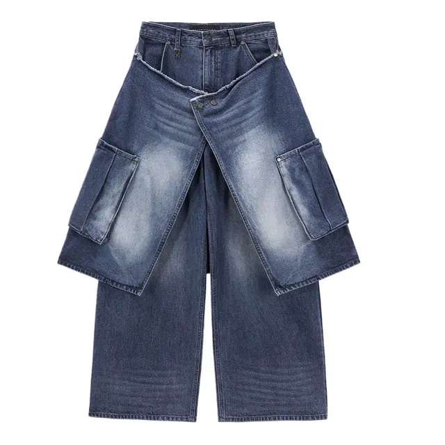 TREEMINGBIRD Layered Wrap Skirt Denim Cargo Pants