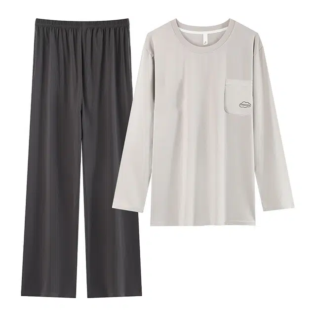 黛尔佳人 亲肤纯棉柔软舒适纯色长袖长裤抗菌套头圆领家居服睡衣套装 男款