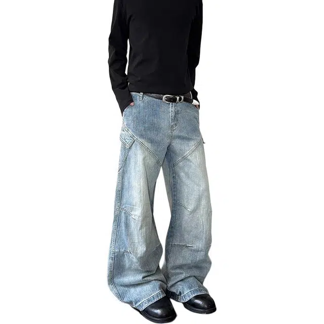 如续 美式复古设计感小众竹节纹弯刀长裤潮流高街痞帅高级感通勤牛仔裤 男女同款