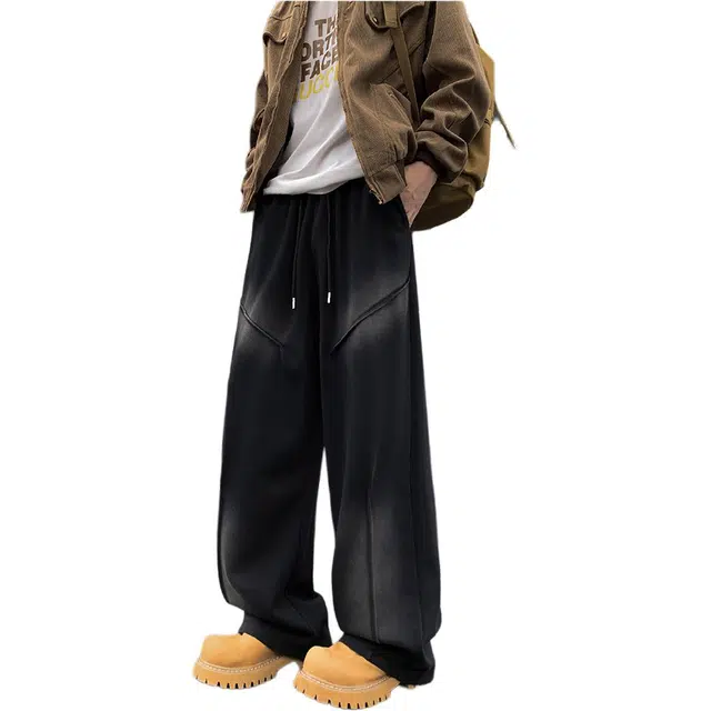 拓菲 美式重磅渐变设计感弯刀男秋高街水洗做旧运动裤宽松直筒长裤休闲裤 男女同款