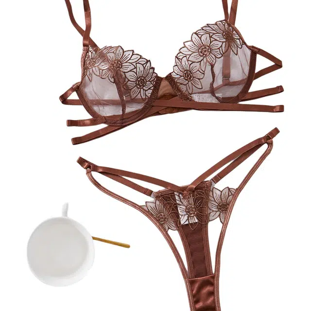 皇室品轩 法式名刺绣性感文胸女细腻网纱胸罩舒适棉裆镂空诱惑丁字 内衣裤套装 女款