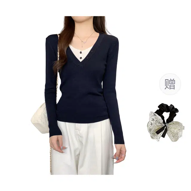 涂诗菲 韩版潮流时尚简约撞色舒适设计显瘦百搭慵懒风假两件长袖针织衫 女款