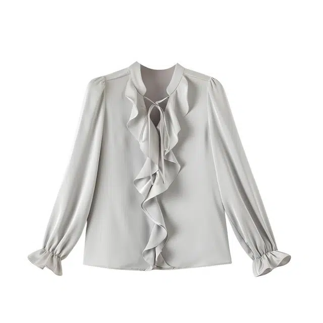 晚白 花边领设计肩部收褶垂坠顺滑衬衫 女款