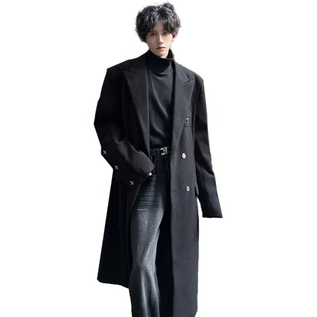 艾梵斯贝 高端轻奢美式复古金属钉扣小众设计款过膝呢子大衣无性别日常通勤百搭宽松休闲时尚高级感潮酷翻领风衣 男女同款