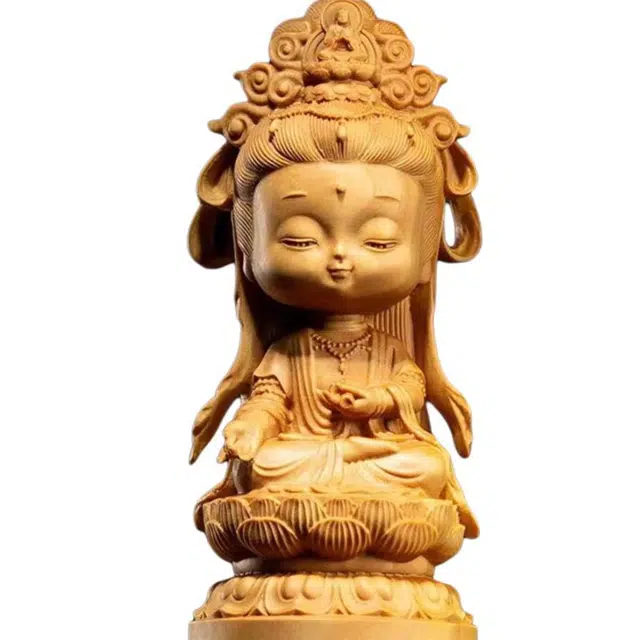 得笙陌 万物至善卡通观音新中式实木雕刻 黄杨木 木作摆件 男女同款情侣款