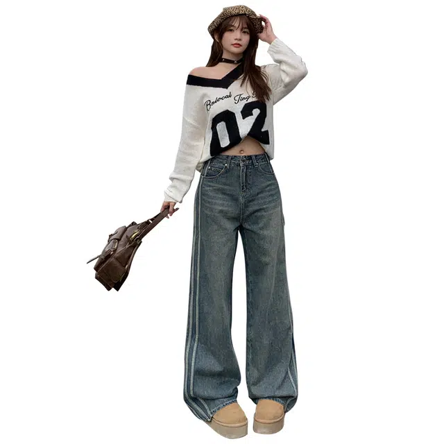 淑好百 复古高街侧条纹中低腰牛仔裤 女款