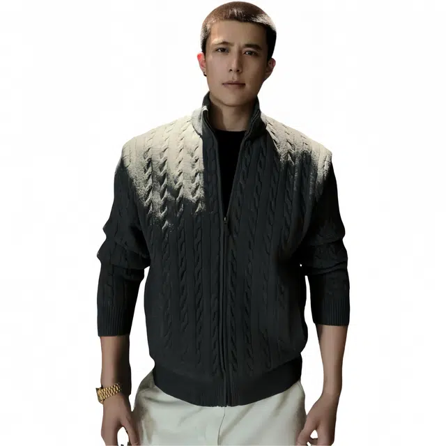 半空山  高品质老钱风绞花立领拉链休闲毛衣 男款