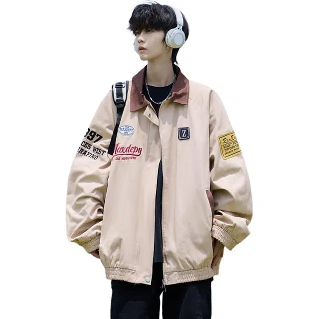 冈哉 港风相机片复古春秋款绣花机车痞帅高街棒球服外套翻领百搭工装休闲宽松春秋季拉链大码个性舒适潮流日常通勤夹克  男女同款