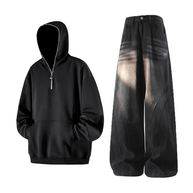 梓润格 美式潮流复古设计感简约高级感时尚舒适日常百搭无性别主义高街拼接直筒阔腿牛仔裤休闲运动套装 男女同款