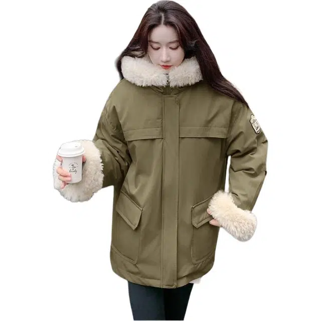 思蓓儿 冬季派克服工装外套女连帽中长款冬棉衣毛茸茸棉服 女款