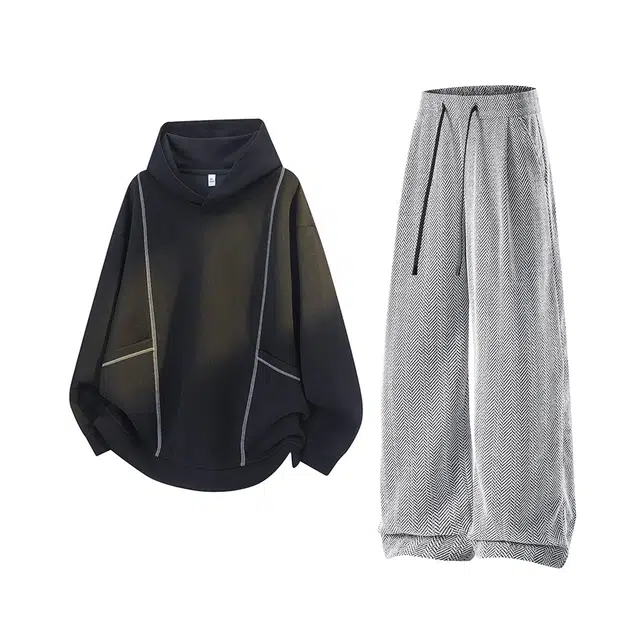 素杭 美式宽松帽衫简约连帽卫衣外套搭配抽绳松紧腰直筒阔腿裤两件套潮流穿搭一整套休闲运动套装 男女同款