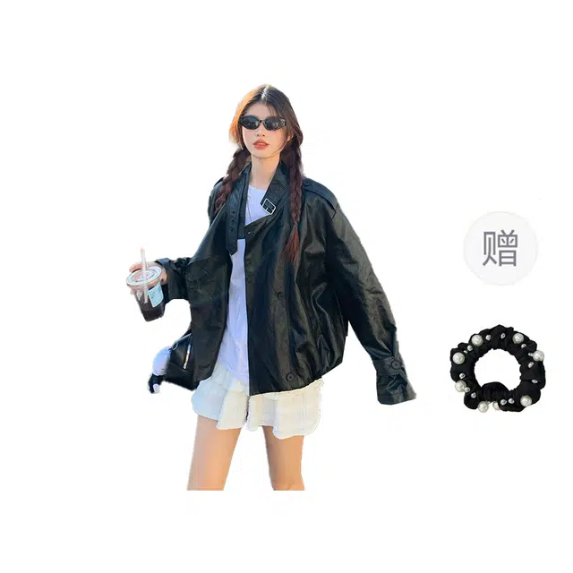 雾闪闪 大码女装外套韩版显瘦宽松甜酷皮衣 女款