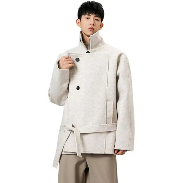 佐菲利 韩系雅痞风毛呢潮牌设计感短款外套宽松解构翻领大衣 男女同款