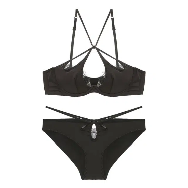 皇室品轩 性感缎面交叉绑带美背睫毛蕾丝薄款文胸软钢圈聚拢女内衣裤套装 女款