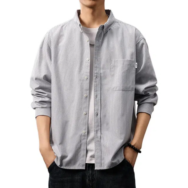 贵色 秋季 日系潮流青少年学院风高级感简约牛津布条纹长袖男士潮牌时尚百搭立体裁剪设计休闲日常穿搭上衣外套衬衫 宽松型 男女同款