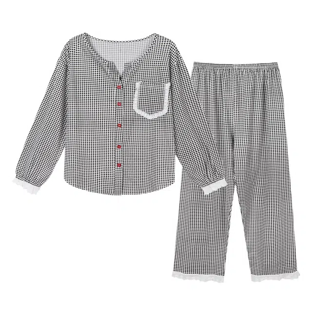 橡柠派 蕾丝边格纹长袖长裤舒适休闲气质简约亲肤居家家居服睡衣套装 女款