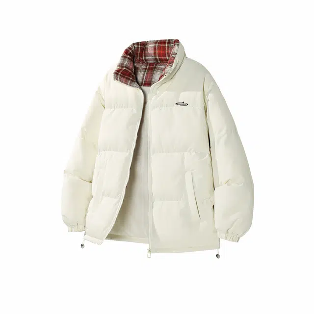 明尼凯 美式复古高街学院风纯色面包服格纹拼接校园小清新防风抗寒保暖休闲宽松立领长袖外套日常通勤百搭舒适时尚户外棉服 男女同款