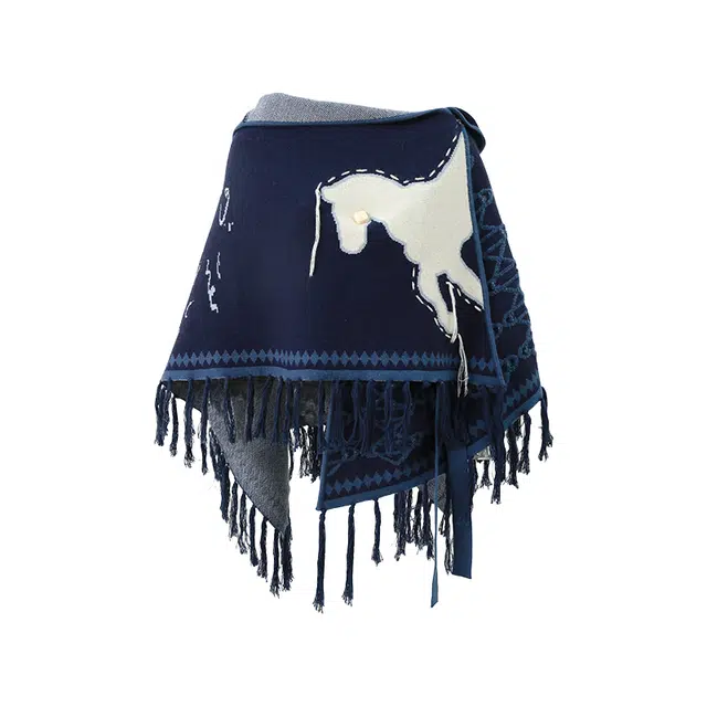 两三事 穿越无垠 秋冬季复古文艺民族风时尚休闲宽松保暖舒适百搭针织开衫毛巾提花秀花色流苏连帽外套斗篷披风 女款