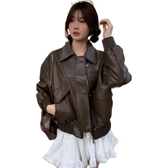 丝絮丝绸 美式复古甜酷风机车时尚宽松百搭夹克外套皮衣 女款