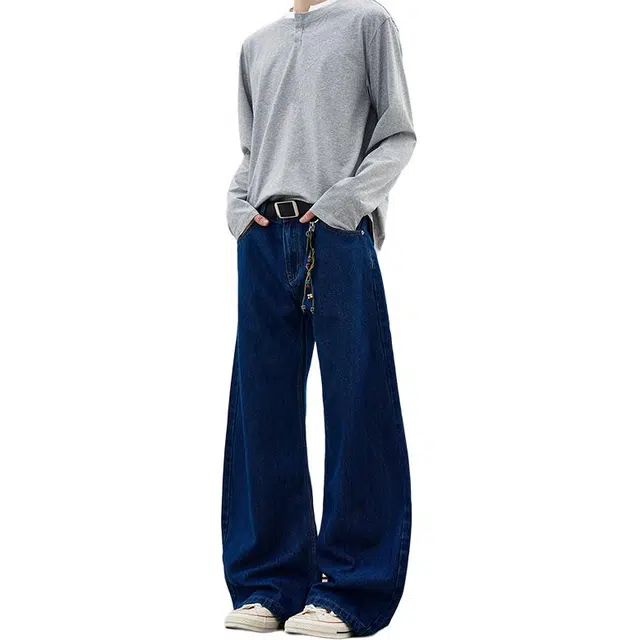 如续 美式基础通勤深蓝色弯刀长裤秋冬季百搭复古阔腿慵懒垂感拖地牛仔裤 男女同款