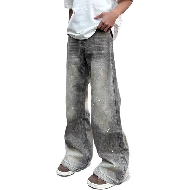 如续 复古风水洗做旧泼墨小众设计感弯刀长裤潮牌美式街头宽松垂感牛仔裤 男女同款