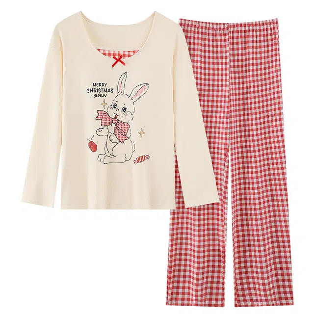 桔内 纯棉卡通可爱甜美风带胸垫可外穿休闲舒适家居服 睡衣套装 女款