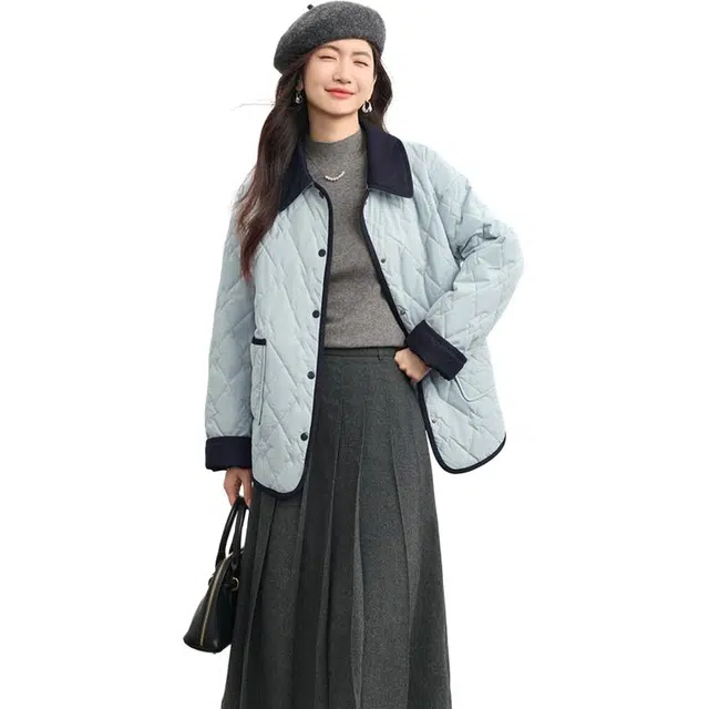 潞优野 学院风百搭简约巴恩风撞色翻领棉服 女款