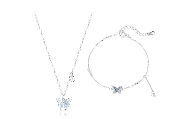 【S999纯银】 牧言 闪耀梦蝶系列 温柔气质轻奢小众浪漫高级感 蓝色水滴璀璨招财蝴蝶流苏甜美设计项链套装 日常约会 足银 手链 女款