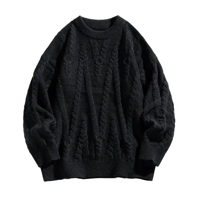 棉基因 纯色不规则提花情侣款秋冬季圆领针织线衫打底衫粗麻花宽松套头加绒加厚毛衣 男女同款