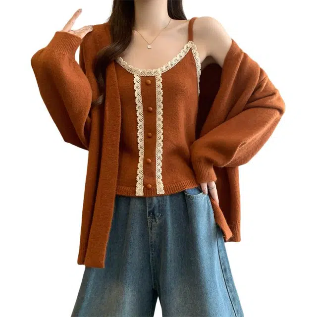 缪斯的诱惑 百搭纯色长袖针织开衫女秋冬季叠穿蕾丝花边吊带休闲套装 女款